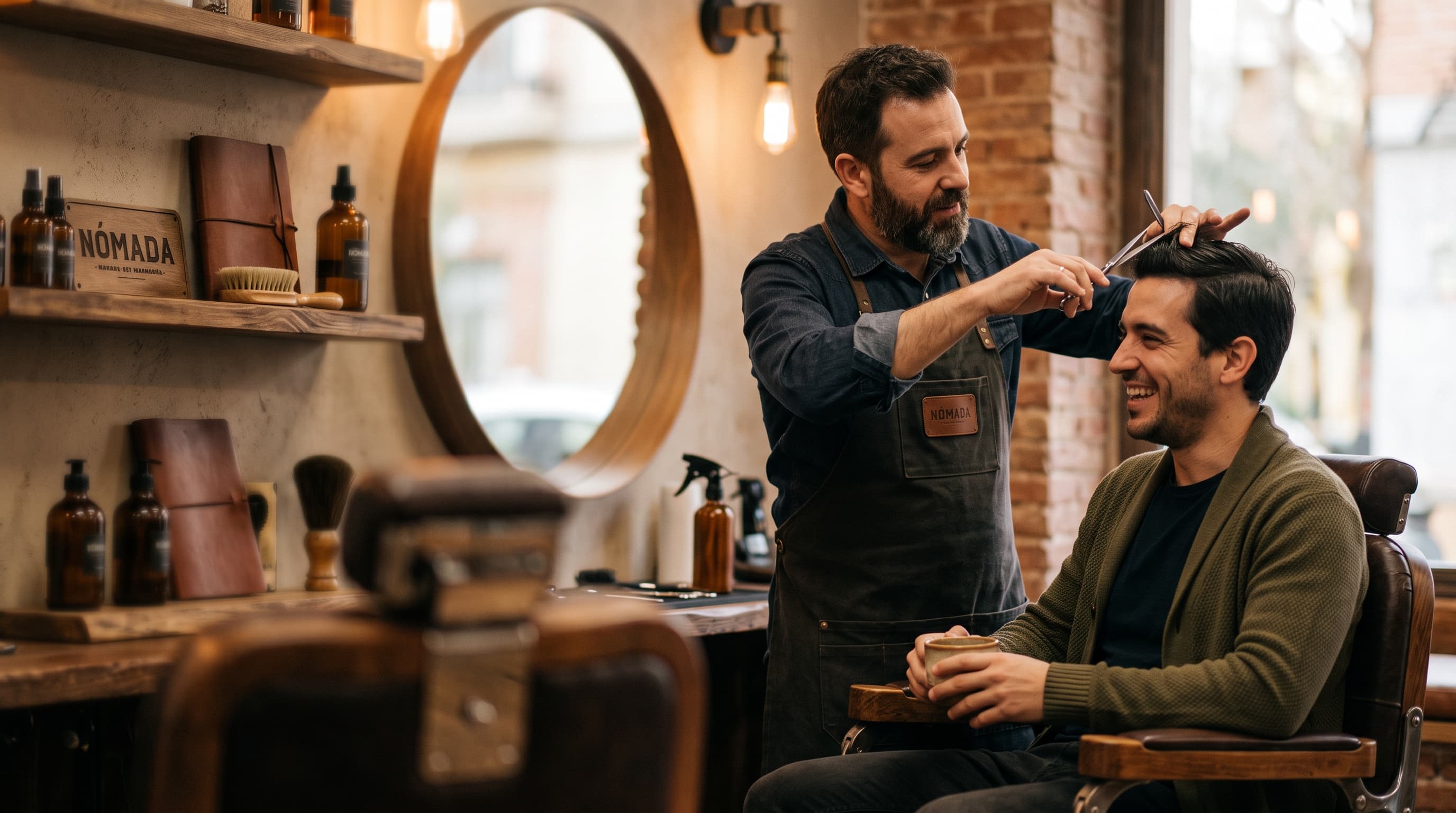 Interior de la barbería: sillones de cuero y espejos con marco de madera